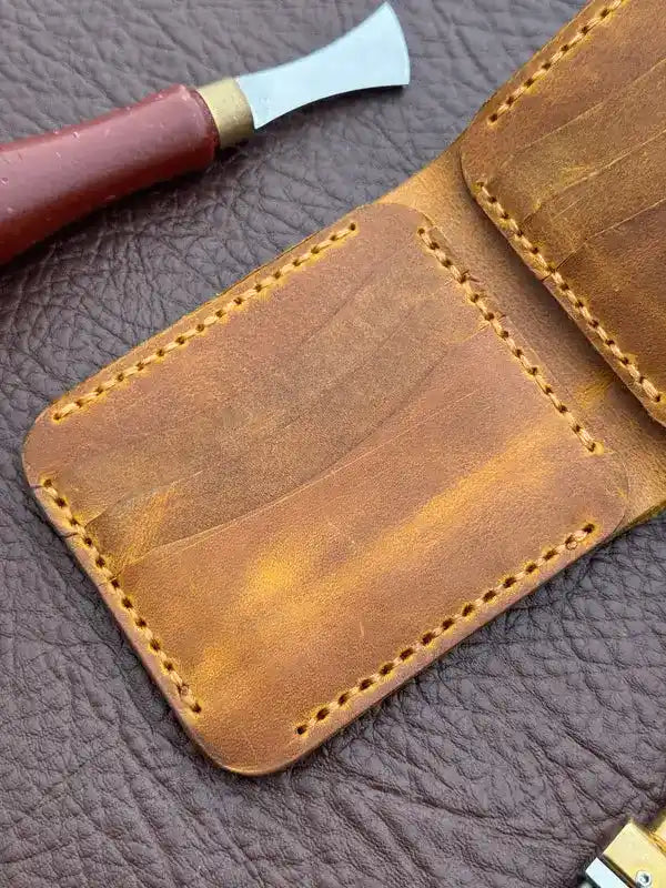 Handcrafted Bifold Wallet – Yellow Wax Pull-Up Leather