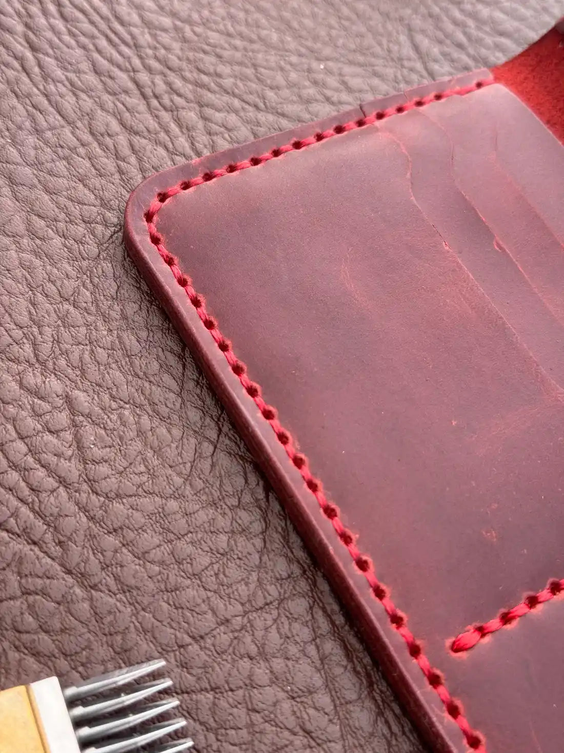 Handcrafted Long Wallet – Dark Red Wax Pull-Up Leather