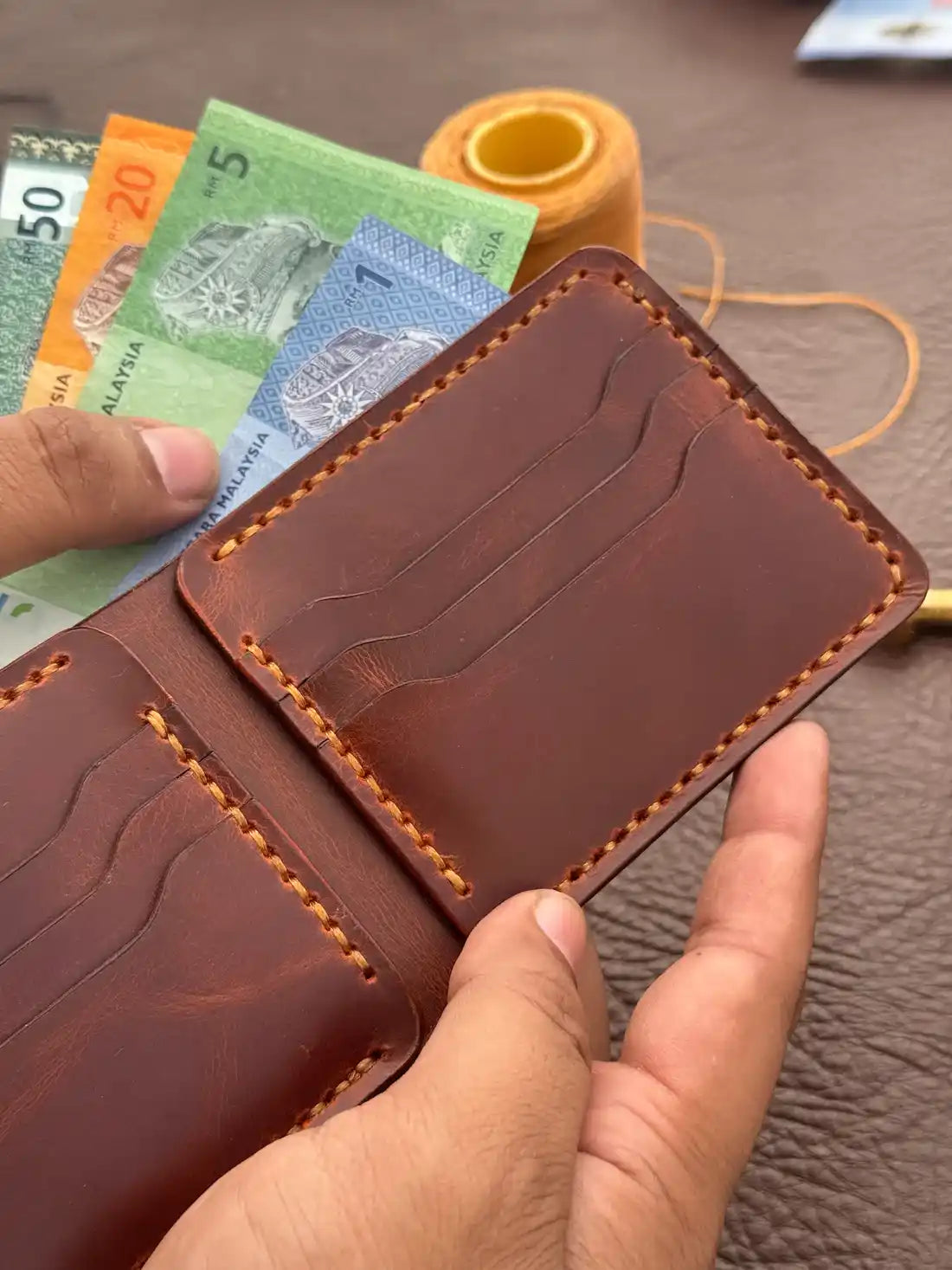 Handcrafted Mini Bifold Wallet – Dark Orange Wax Pull-Up Leather