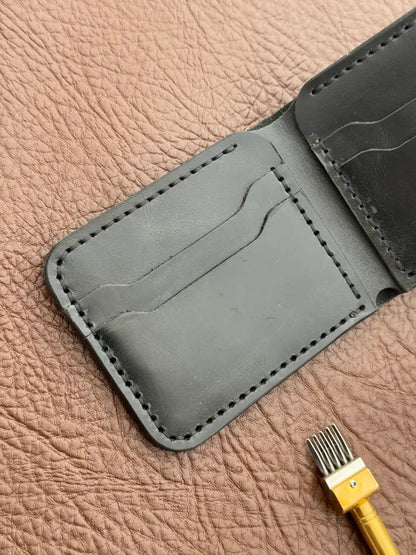 Handcrafted Bifold Wallet – Dark Gray Wax Pull-Up Leather