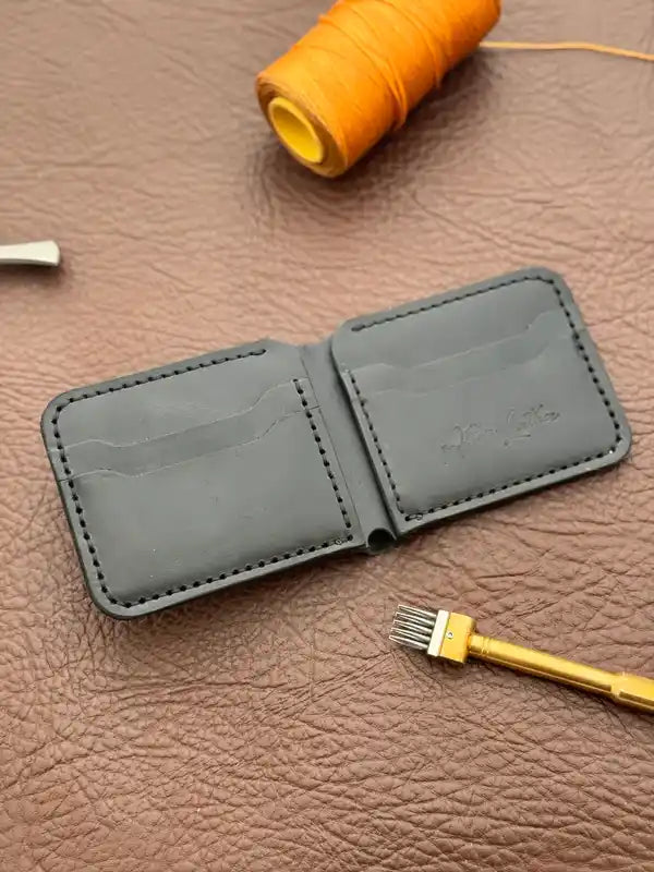 Handcrafted Bifold Wallet – Dark Gray Wax Pull-Up Leather