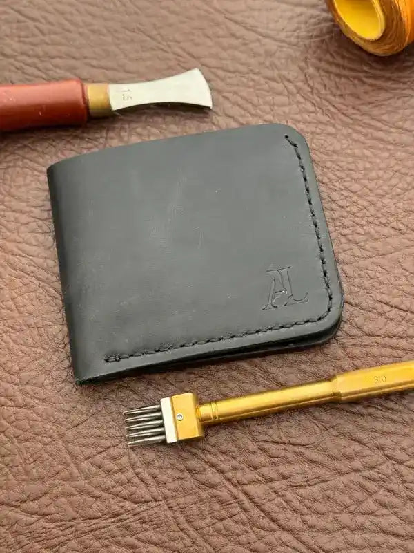 Handcrafted Bifold Wallet – Dark Gray Wax Pull-Up Leather