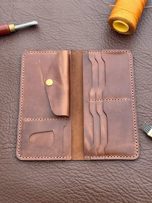 Handcrafted Flip Long Wallet – Brown Wax Pull-Up Leather