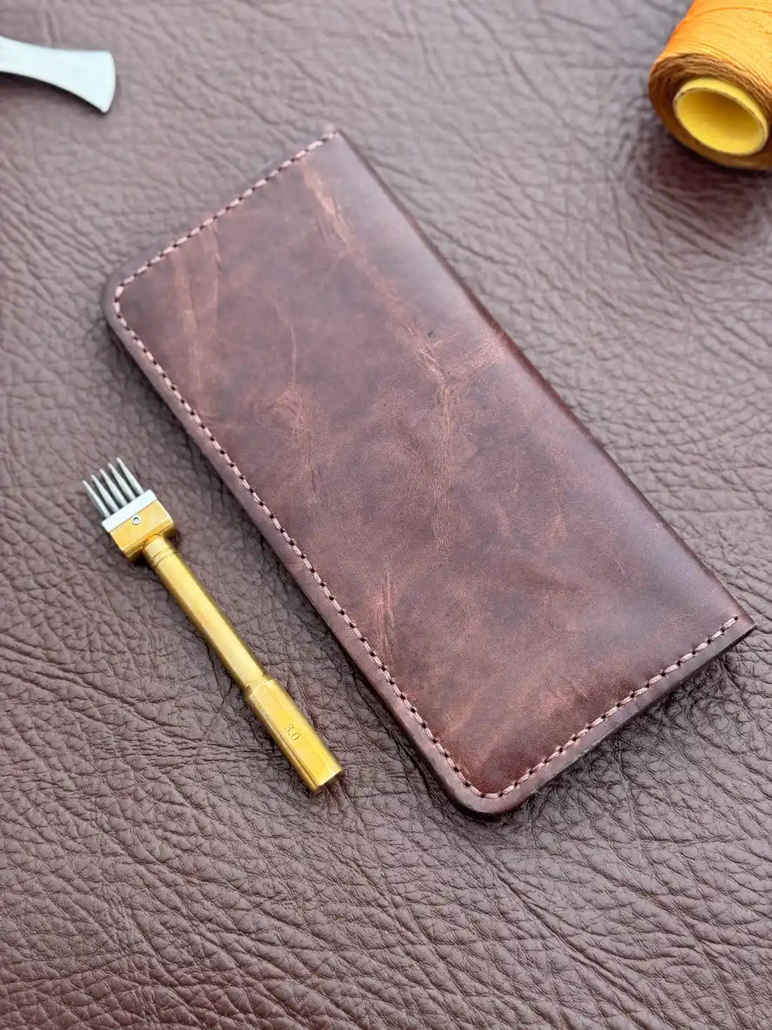 Handcrafted Flip Long Wallet – Maroon-Tone Brown Wax Pull-Up Leather