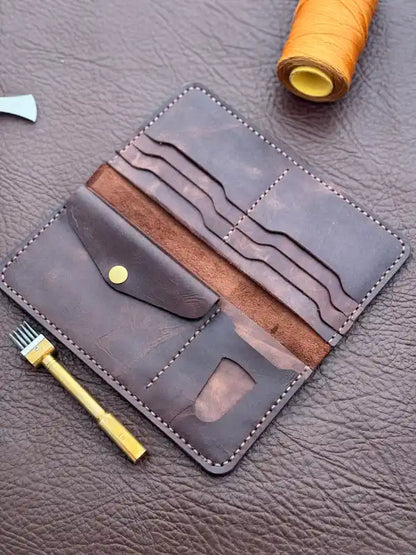 Handcrafted Flip Long Wallet – Maroon-Tone Brown Wax Pull-Up Leather