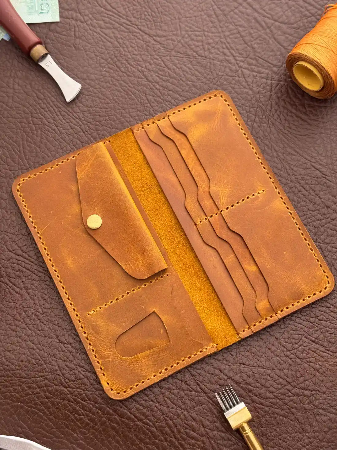 Handcrafted Flip Long Wallet – Yellow Wax Pull-Up Leather