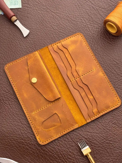 Handcrafted Flip Long Wallet – Yellow Wax Pull-Up Leather