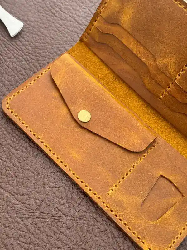 Handcrafted Flip Long Wallet – Yellow Wax Pull-Up Leather