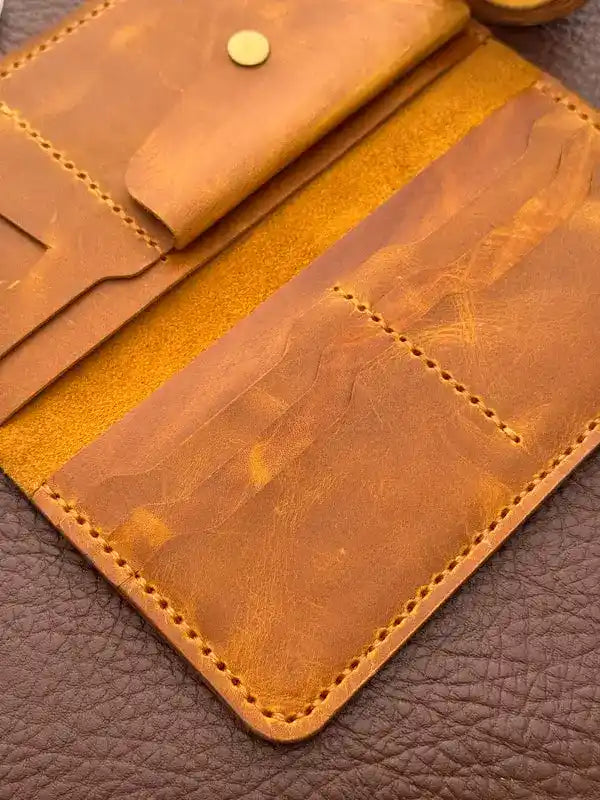 Handcrafted Flip Long Wallet – Yellow Wax Pull-Up Leather