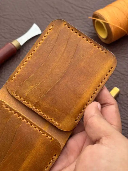 Handcrafted Bifold Wallet – Yellow Wax Pull-Up Leather