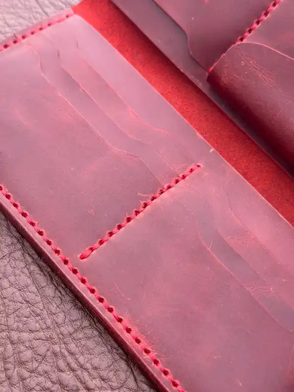 Handcrafted Long Wallet – Dark Red Wax Pull-Up Leather