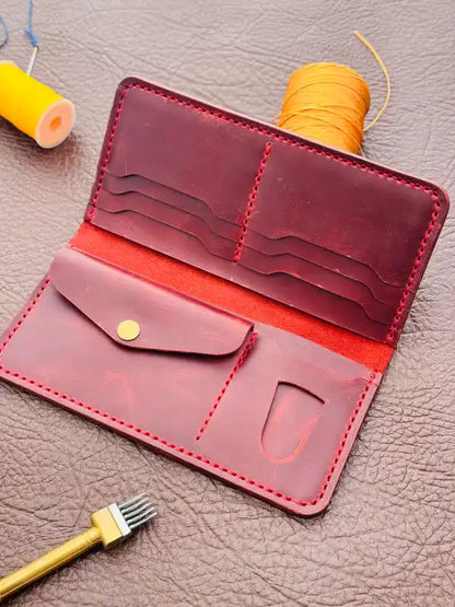 Handcrafted Long Wallet – Dark Red Wax Pull-Up Leather