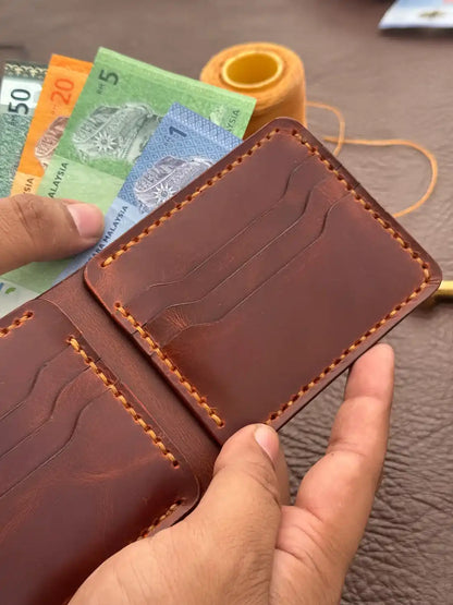 Handcrafted Mini Bifold Wallet – Dark Orange Wax Pull-Up Leather