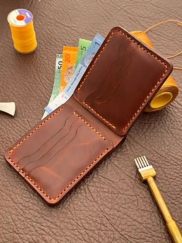 Handcrafted Mini Bifold Wallet – Dark Orange Wax Pull-Up Leather