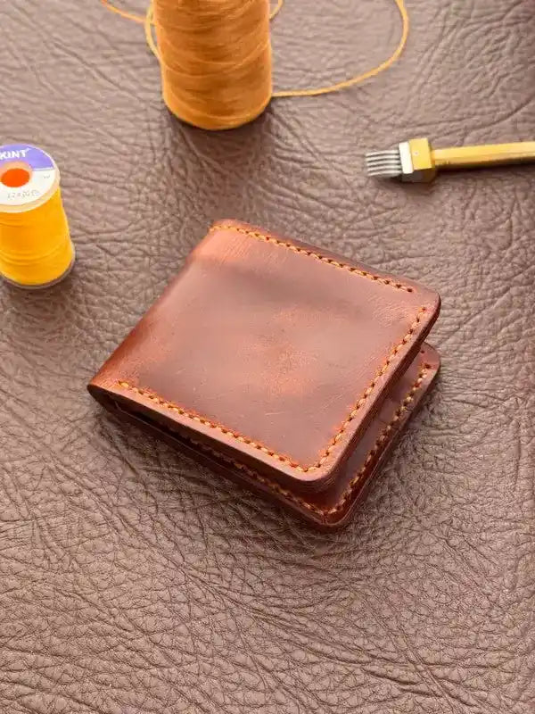 Handcrafted Mini Bifold Wallet – Dark Orange Wax Pull-Up Leather